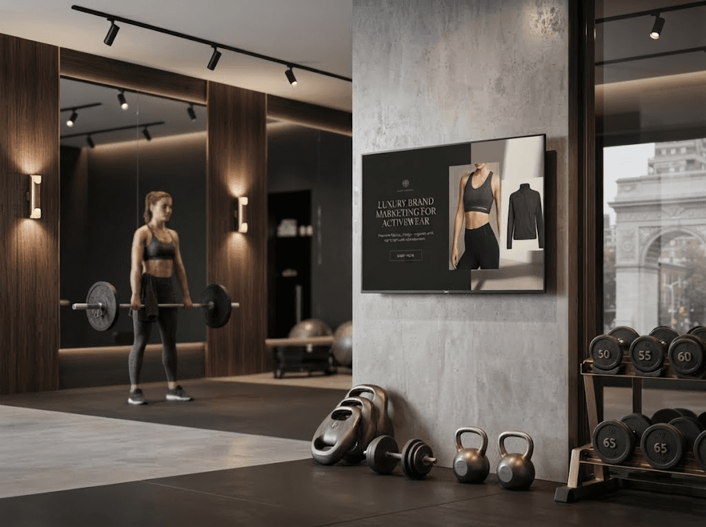 Member training on a premium gym floor beside a wall-mounted BetterScreenTV screen playing an activewear campaign