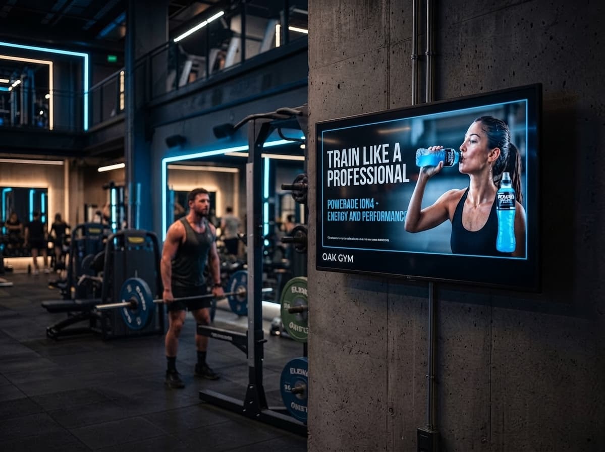 Dark strength floor with neon blue accents and a screen playing an energy drink campaign
