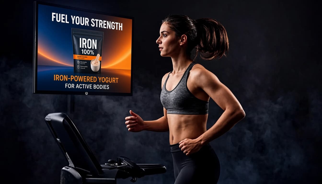 Runner on a treadmill mid-stride, eyes up at a BetterScreenTV screen playing a supplement ad